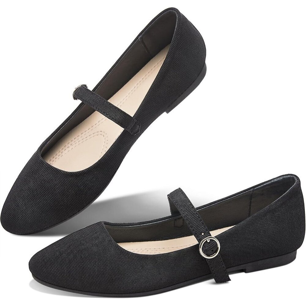 Obtaom Women Black Polyester Round Toe Comfortable Classic Strap Ballet Flat